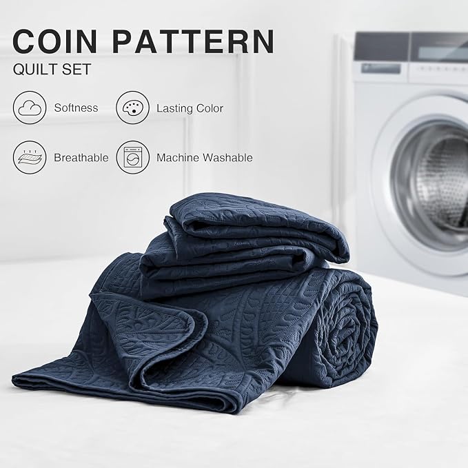 Love's cabin California King Size Quilt Bedding Set Navy Bedspreads - Cal King Summer Lightweight Bedspread Comforter - Coin Pattern Coverlet for All Season - 3 Pieces (1 Quilt, 2 Pillow Shams)