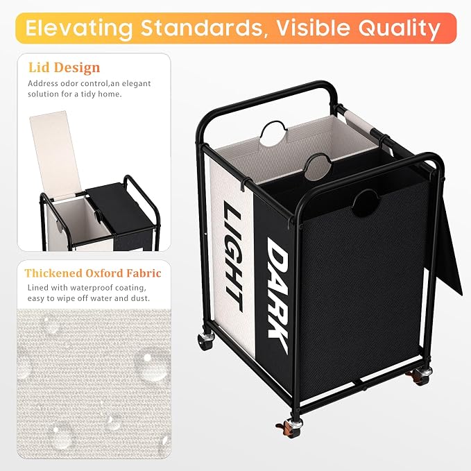 120L Laundry Sorter 2 Section, Rolling Laundry Basket with Wheels ＆ Lid | 31.7 Gal Laundry Hamper, 2 Separated Removable Bags, Dirty Clothes Hamper for Laundry Room, Bedroom, Multicolored
