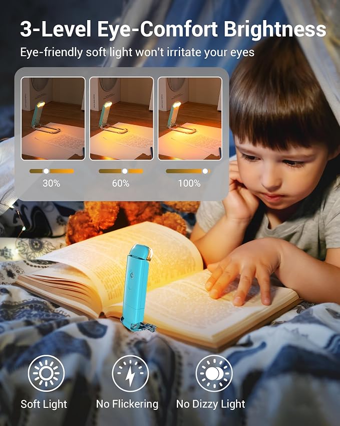 DEWENWILS USB Rechargeable Book Light, LED Clip on Book Reading Light Blue | Amber Glow, Blue Light Blocking, Brightness Adjustable, Flexible Lighting Angle, Portable Bookmark Light for Kids, Bookworms