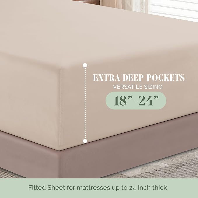Elegant Comfort Luxurious 1500 Premium Hotel Quality Microfiber 4-Piece Sheet Set, 18-24 Inches Deep - Extra Deep Pocket Sheets - Ultra Soft 4PC Deep Pocket Sheets, Queen, Cream