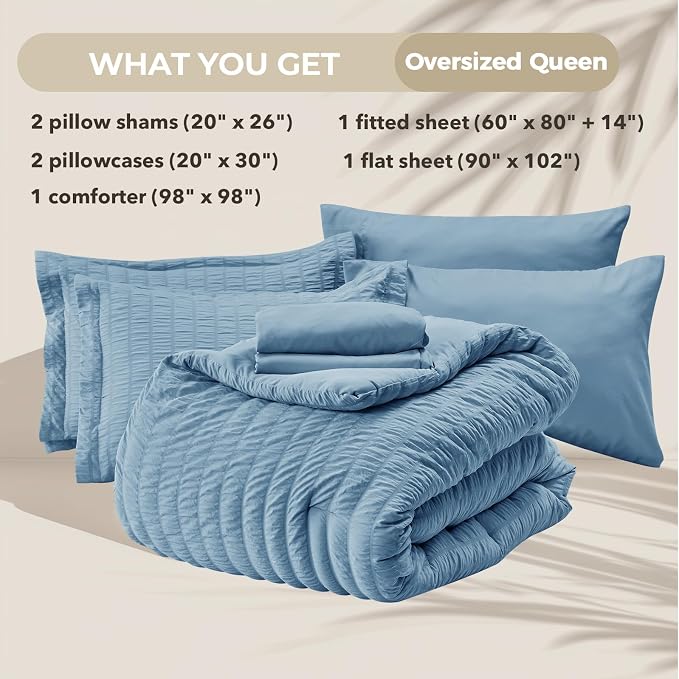 HYMOKEGE Mineral Blue Oversized Queen Comforter Set Seersucker 7 Pieces, All Season Luxury Bed in a Bag for Bedroom, Bedding Set with Comforter, Sheets, Pillowcases & Shams