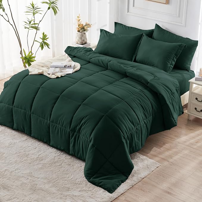 JOLLYVOGUE Queen Comforter Set, Ultra-Soft Bed in a Bag Queen Size 7 Pieces, Oeko-TEX Certified Bedding Set with Down Alternative Comforter, Sheets, Pillowcases & Shams, Emerald Green