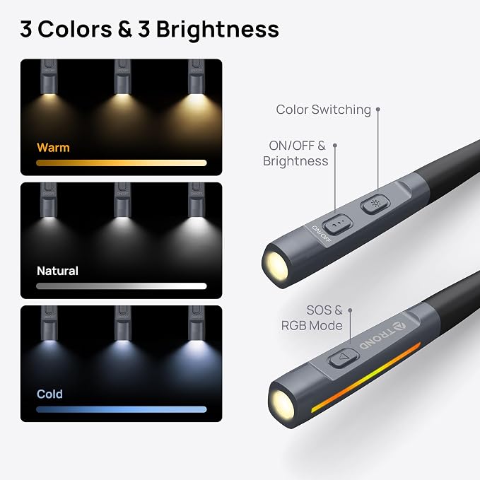 TROND LED Neck Reading Light, Bendable Neck Light for Reading, USB-C, Black | 3 Color 3 Brightness Book Light for Reading, Flexible Arm with Outdoor Warning Lamp, Eye-Caring for Crochet,Book Lovers Gifts
