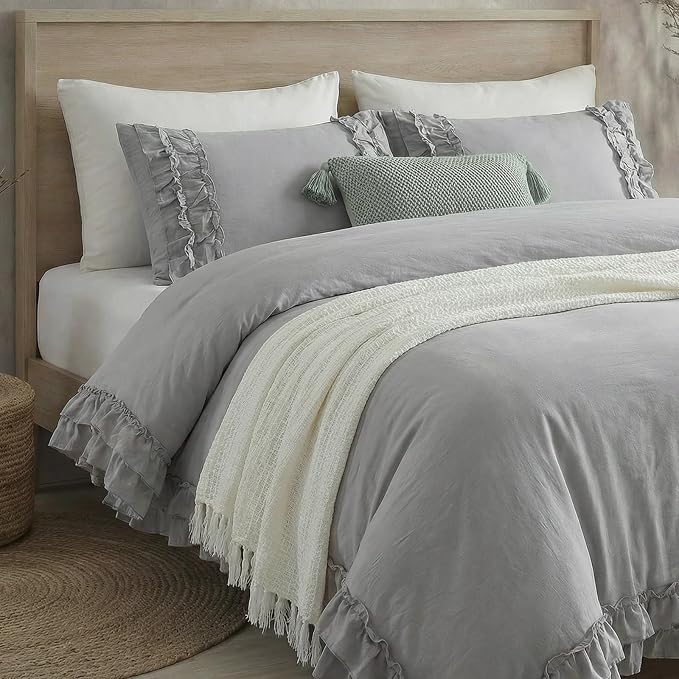 Bedorm Gray King Duvet Cover Set Ruffle Bedding Set Pleat Ruffled Shabby Chic Comforter Cover Extra Soft & Easy Care Gray Boho Duvet Cover with Zipper Closure