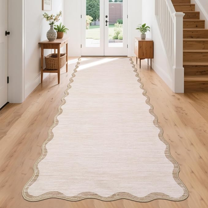 GarveeHome Scalloped Washable Runner Rug 2'6'' x 10' Non Slip Kitchen Rugs | Modern Beige Indoor Entryway Rug Farmhouse Soft Bath Mat Stain Resistant Carpet for Bedroom Hallway Laundry 2'6'' x 10' Beige