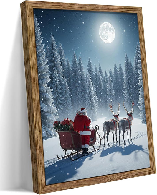 Framed Christmas Pictures Wall Decor, Santa Delivering Christmas Gifts Canvas Prints, Winter Holidays Pine Trees Wall Art, Christmas Snow Scene Santa Reindeer Decorations – 12x16in