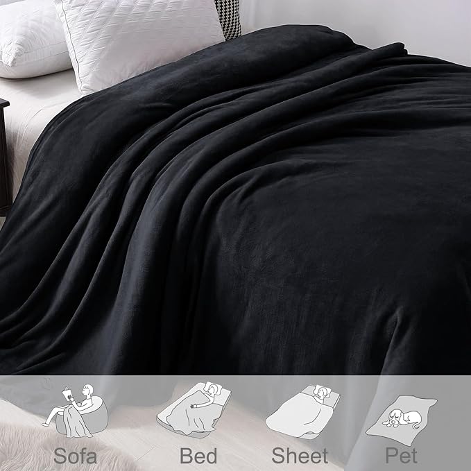 Exclusivo Mezcla Soft Large Fleece Throw Blanket for Couch, Black | 50x70 Inches, Double-Sided Brushed Flannel, Lightweight Plush Cozy Blanket for Home Decor, All Season, Machine Washable