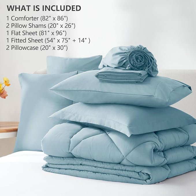 Full Size Comforter Sets Light Blue - 7 Pieces Complete Bedding Set | OEKO-TEX Certified, All Season, 240GSM Down-Alternative Comforter, Sheets, Pillowcases & Shams, 14" Deep Pocket, Easy Care