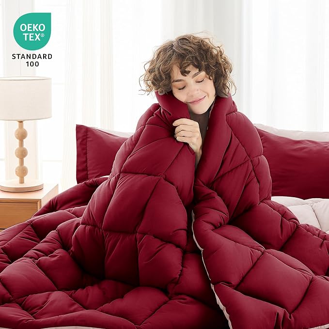 7 Pieces Oversized King Comforter Set, Reversible Bed in a Bag Oversized King Size, All Season Bedding Set with Comforter, Flat Sheet, Fitted Sheet, Pillowcases & Shams, Burgundy & Rose Gold