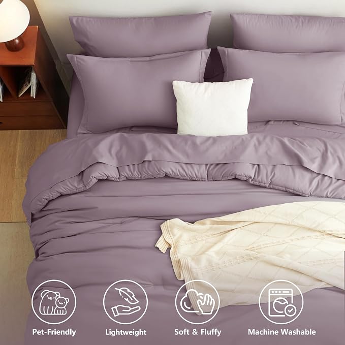 Full Size Comforter Set Dusty Purple, 7 Pieces Bed in a Bag | OEKO-TEX Certified, All-Season, Bedroom, 240GSM Down Alternative Comforter, Flat & Fitted Sheets, 2 Pillowcases & 2 Shams