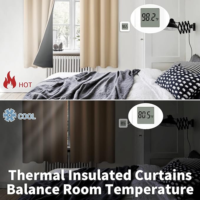 BGment Thermal Insulated 100% Blackout Curtains for Bedroom with Black Liner, Double Layer Full Room Darkening Noise Reducing Grommet Curtain (52 x 63 Inch, Beige, 2 Panels)