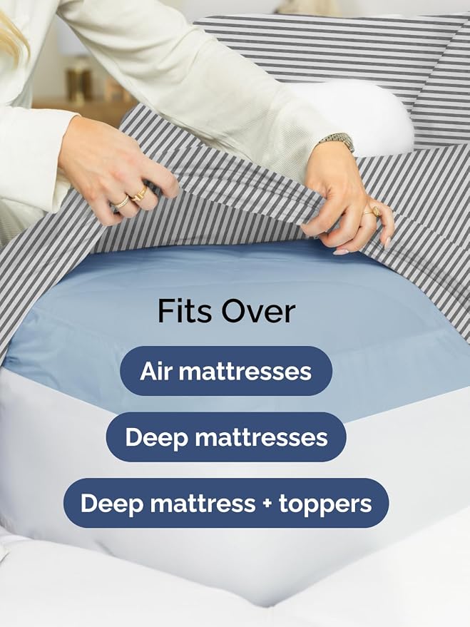 Extra Deep Split King Sheet Set - 5 Piece Breathable Cooling - Grey Stripes | Easily Fits 18 to 24 inch Mattress - Ultra Soft, Wrinkle & Fade Free with Extra Deep Pockets - Comfy Hotel Luxury Bedding