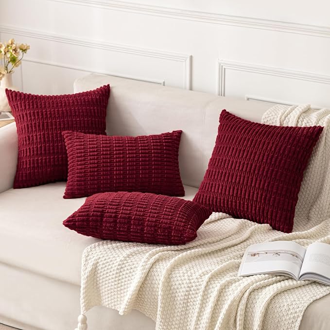 MIULEE Corduroy Decorative Throw Pillow Covers 18x18 Burgundy Pack of 2 | Soft Boho Striped Pillow Covers Modern Farmhouse Home Decor For Sofa Living Room Couch Bed