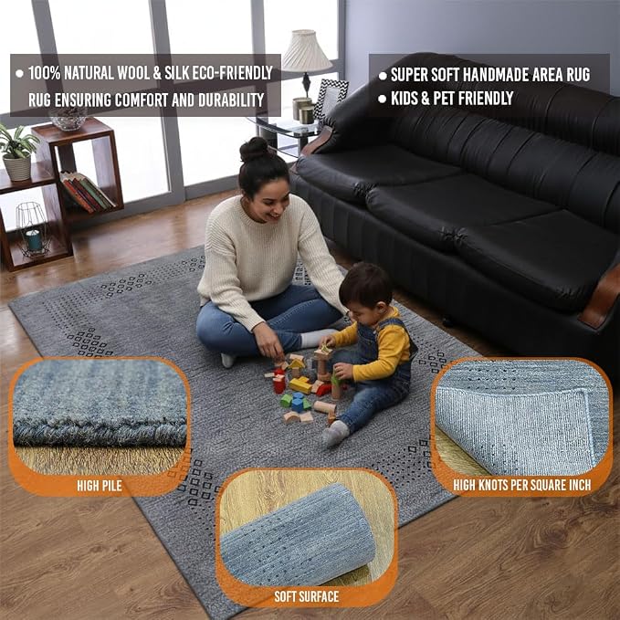 Rugsotic Carpets Hand Knotted Loom Wool ECO-Friendly Area Rugs - 9'x12', Rectangle, Light Blue Color, Contemporary Modern Design, High Pile Thick Handmade Anti Skid Rugs for Living Room (L00530)