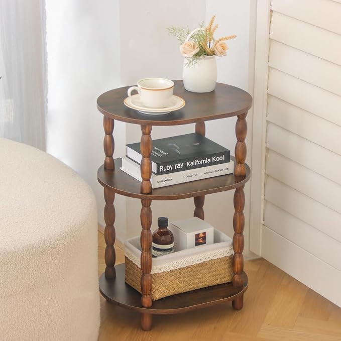 MaxSmeo Side Table, 3-Tier Small End Table, Modern Oval Night Stand Accent Table for Living Room, Bedroom, Rustic Brown