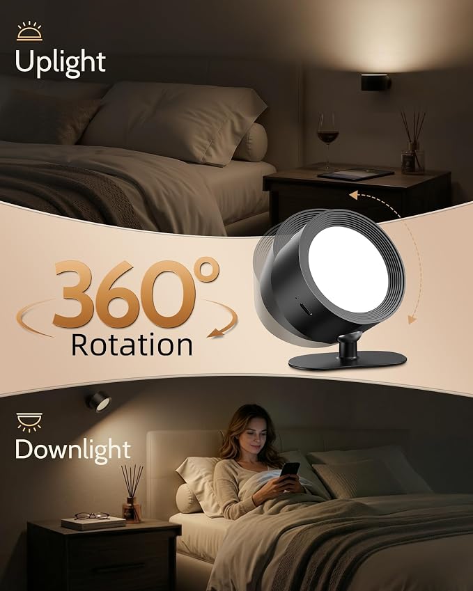 LED Wall Mounted Lights, Rechargeable Wall Sconces, 3 Color Temps, Remote & Touch, 360° Rotating and Dimmable for Bedroom, Bedside & Reading (Black, 3 Pack)