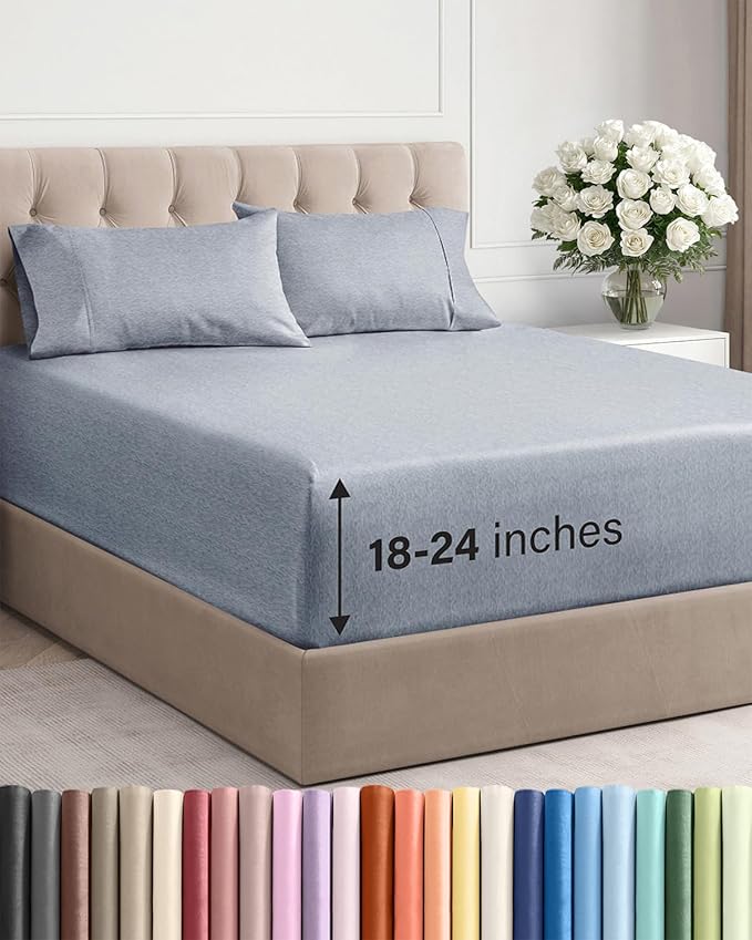 Extra Deep Twin Sheet Set - 4 Piece Breathable & Cooling - Heathered Blue | Hotel Luxury Bed Sheets Set, Easy & Secure Fit, Ultra-Soft, Wrinkle & Fade Free, Comfy Sheets Set with Extra Deep Pockets