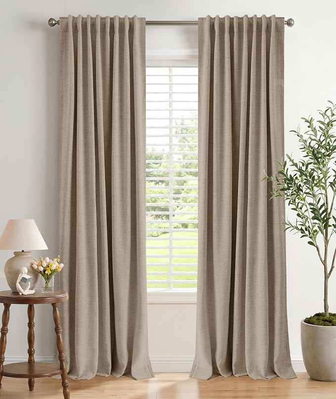 INOVADAY 100% Blackout Linen Curtains for Bedroom 50x90 Burlywood Birch | Linen Textured, Light Blocking, Room Darkening, Thermal Insulated, Back Tab Top, Window Curtains for Living Room, 2 Panels
