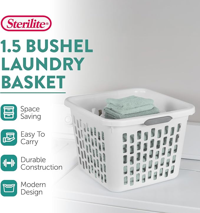 Sterilite Square Laundry Basket, Plastic Clothes Hamper, 6-Pack | 1.5 Bushel Capacity, White, Dirty Clothing Storage, Ventilated Rectangular Holes & Large Comfort Grip Handles for Easy Carry