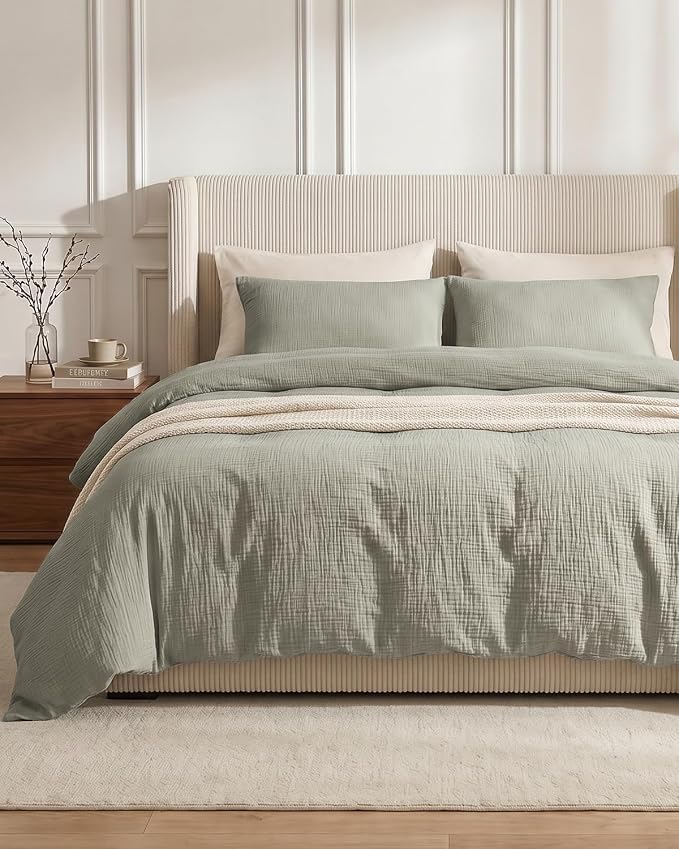 SE SOFTEXLY Muslin Duvet Cover Twin Size, 100% Washed Cotton Duvet Cover Set, Ultra Soft Comforter Cover Linen Like, 2 Pieces Minimalist Gauze Duvet Cover with 1 Pillowcase, 68"x90", Smoky-Green