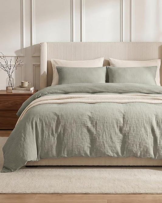 SE SOFTEXLY Muslin Duvet Cover California King Size, 100% Washed Cotton Duvet Cover Set, Ultra Soft Comforter Cover Linen Like, 3 Pieces Gauze Duvet Cover with 2 Pillowcases, 98"x104", Smoky-Green