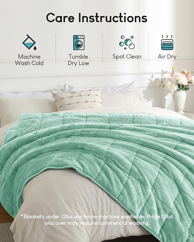 Cottonblue Sherpa Weighted Blanket for Adults 15lbs Queen Twin Size 60x80in | Soft Fuzzy Fleece Weighted Blankets Throw for Sleep Calm Relax, Warm Cozy Flannel Heavy Blanket for Bed Sofa, Dusty Green