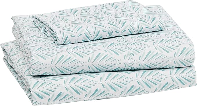 Amazon Basics Breathable, Lightweight Brushed Microfiber 3 Piece Bed Sheet Set with 14-Inch Deep Pockets, Wrinkle-Resistant, Twin XL, Aqua Fern, Printed