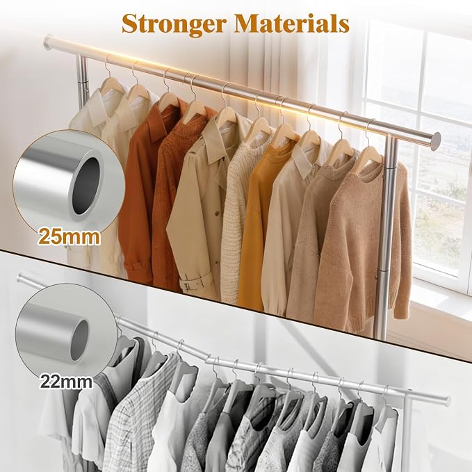 Sturdy Clothing Racks with Shelf, Metal Clothes Rack with Leveling Feet for Hanging Clothes, Freestanding Garment Coat Rack for Bedroom, Apartment & Small Spaces, Silver