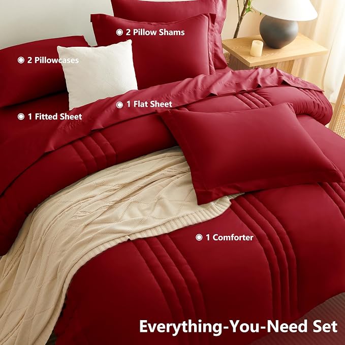 Full Size Comforter Sets Dark Red- 7 Pieces Bed in a Bag | OEKO-TEX Certified, 240GSM Down-Alternative Comforter, 14" Deep-Pocket Sheets, Shams & Pillowcases, Lightweight