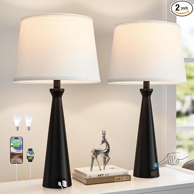 Modern Touch Lamps for Nightstand, 3 Way Dimmable Bedroom Lamp Set of 2 | USB C+A Charging Ports, Black Bedside Lamps for Bedroom, Living Room, End Table, Bed Side, LED Bulb Included