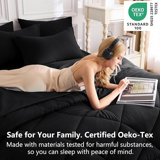 Full Size Comforter Sets Black - 7 Pieces Complete Bedding Set | OEKO-TEX Certified, All Season, 240GSM Down-Alternative Comforter, Sheets, Pillowcases & Shams, 14" Deep Pocket, Easy Care
