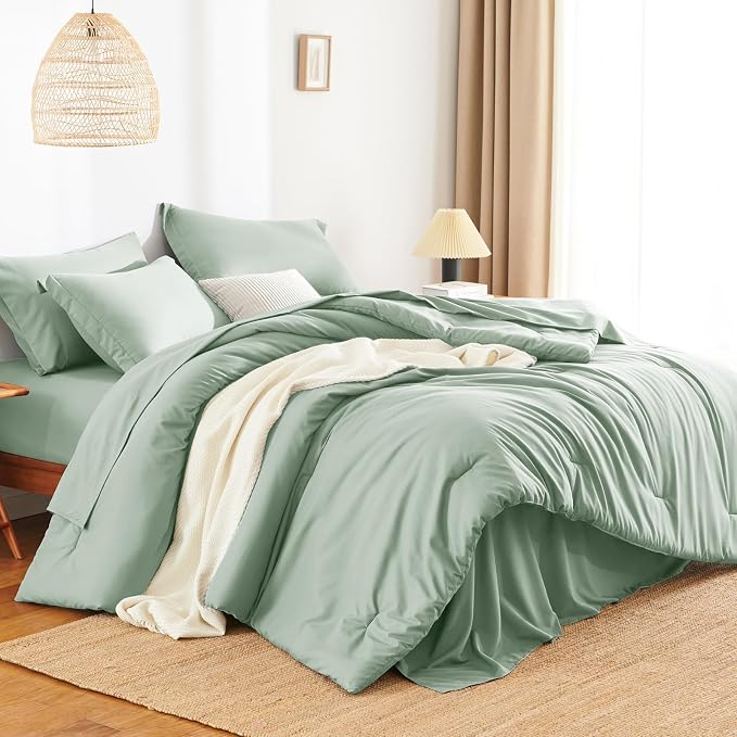 HIMEET King Comforter Set, 7-Piece Point-Quilted Bed in a Bag, Sage Green | OEKO-TEX Certified, Lightweight 240 GSM Comforter, Flat Sheet, 14-Inch Deep-Pocket Fitted Sheet, Pillowcases & Shams