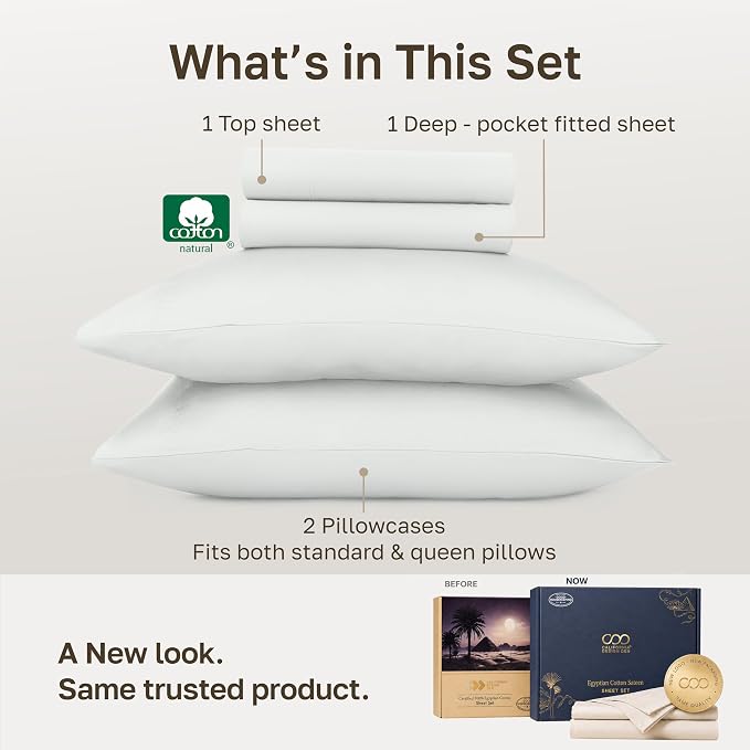 California Design Den 100% Egyptian Cotton Full Size Bed Sheets, Ivory | Backed by Good Housekeeping Seal, Light & Airy Soft Sateen, 15" Deep Pocket, All-Around Elastic, Durable, Easy Care 4pc Set
