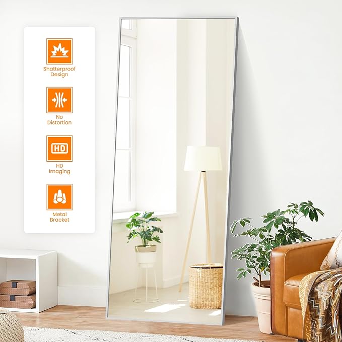 Full Length Floor Mirror 70"x24", Large Standing Body Mirror, Silver | Built-in Stand, HD Shatterproof Glass, Aluminum Alloy Frame, Wall Mounted or Standing, for Bedroom, Living Room and Bathroom