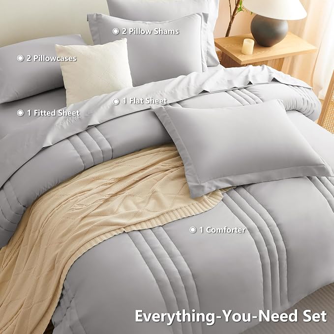 Queen Comforter Set French Grey - 7 Pieces Bed in a Bag | OEKO-TEX Certified, 240GSM Down-Alternative Comforter, 14" Deep-Pocket Sheets, Shams & Pillowcases, Lightweight