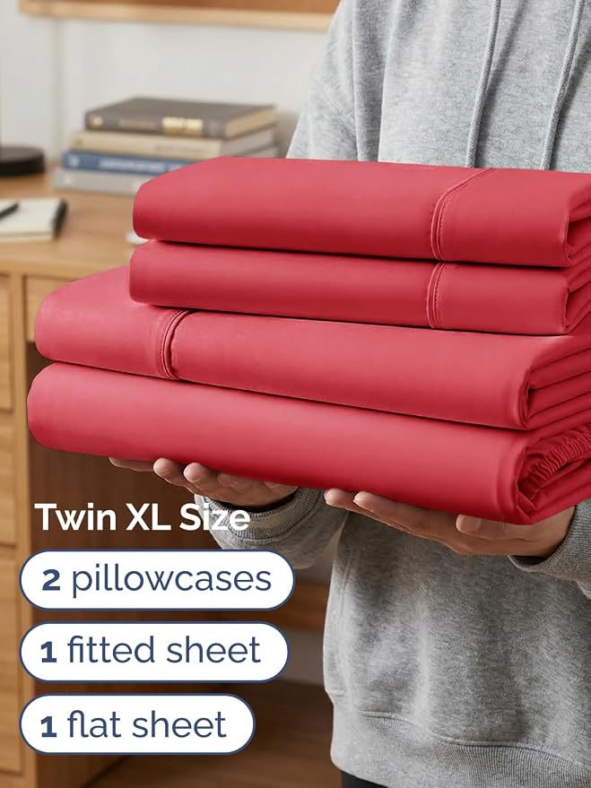 Extra Deep Twin XL Sheet Set - 4 Piece College Dorm Room - Red | College Dorm Room Essentials, Easy & Secure Fit, Ultra-Soft, Wrinkle & Fade Free, Comfy Sheets Set with Extra Deep Pockets