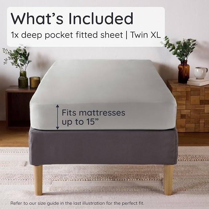 Bambaw Twin XL Fitted Sheet with Corner Straps – 100% Viscose Derived from Bamboo Fitted Sheet Twin XL Only, Cooling, Soft & Breathable, Deep Pocket Fits Up to 15" Mattresses (Moonlight Gray)