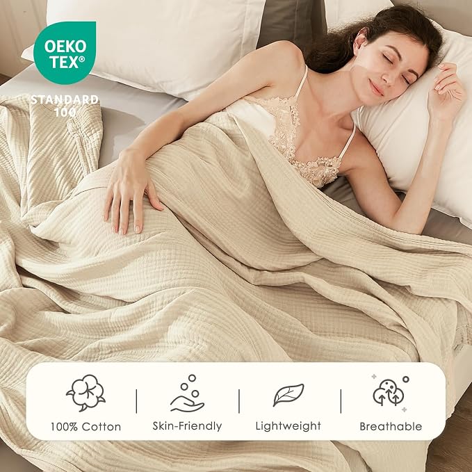 EMME Muslin Blankets for Adults Throw Blanket for Couch Breathable Gauze Soft Lightweight Airy Beige Twin XL 66" x 90"