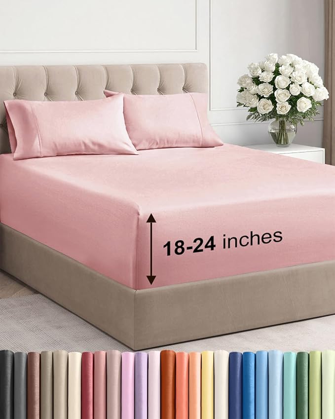 Extra Deep Twin Sheet Set - 4 Piece Breathable & Cooling Sheets - Baby Pink | Hotel Luxury Bed Sheets Set, Easy & Secure Fit, Ultra-Soft, Wrinkle & Fade Free, Comfy Sheets Set with Extra Deep Pockets