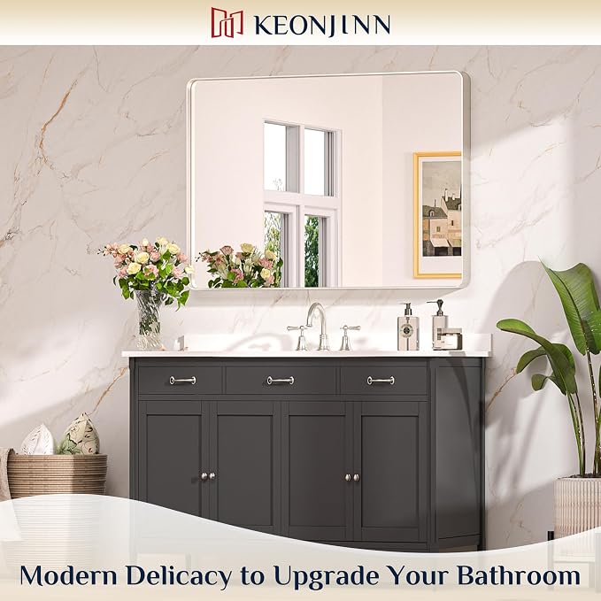 Keonjinn 40 x 30 Inch Brushed Nickel Bathroom Vanity Mirror, Tempered Glass | Silver Bathroom Mirrors for Over Sink, Rounded Rectangle Vanity Mirror, Rust-Resistant Aluminum Frame, French Cleat Mount