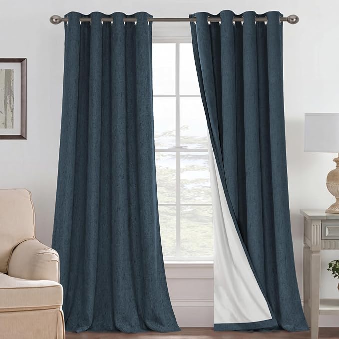 H.VERSAILTEX Blackout Curtains Linen Curtains 120 inches Long 100% Black Out Curtains for Bedroom Windows, Textured Linen Look Draperies Grommet with White Liner, 2 Panels, Navy