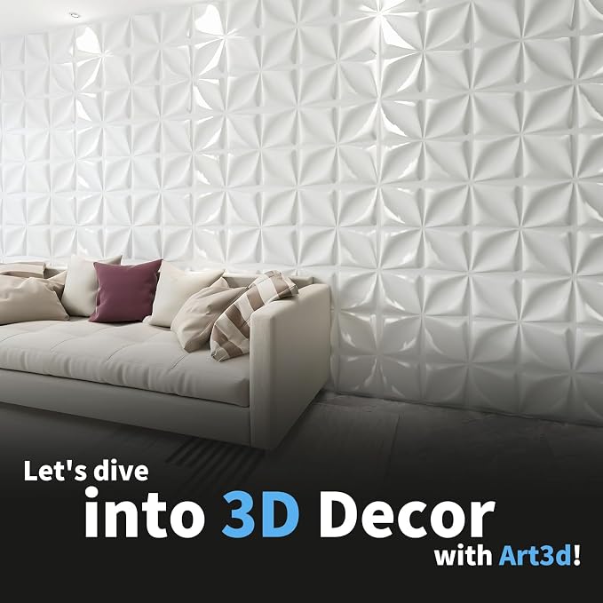 Art3d 19.7" x 19.7" (Pack of 12) 3D Wall Panels Lucky Leaves PVC Wall Panel for Inter Decoration, Living Room, TV Background, Office, White
