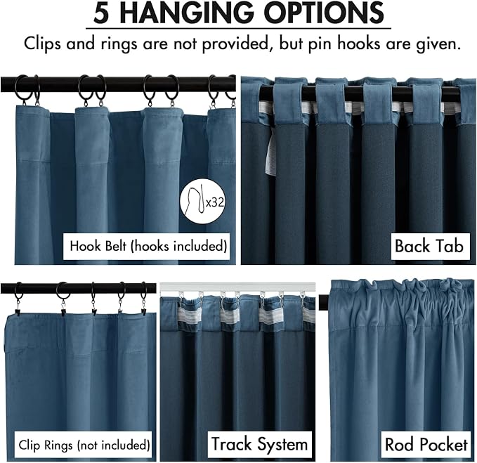 MIULEE Velvet Curtains 50W x 90L 2 Panels Stone Blue Blackout Curtains | Luxury velvet fabric, pinch pleat design, back tab hooks, thermal insulated, blackout light blocking, for living room bedroom