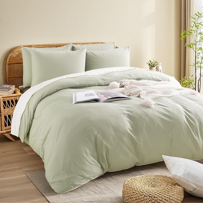 NEXHOME PRO King Duvet Cover Set – 100% Certified Organic Cotton with Washed Feel & Linen-Like Texture, Comfortable & Breathable, Home Bedding Set Sage Green (No Comforter)