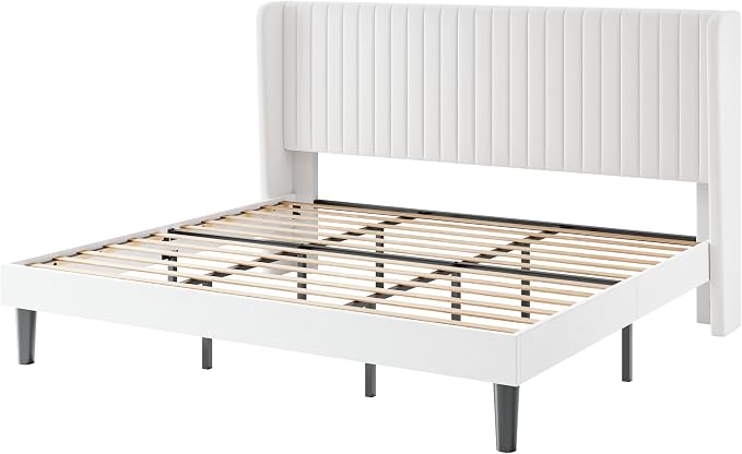 SHA CERLIN King Size Velvet Bed Frame, Tufted Wingback Headboard, White | 47'' Modern Vertical Channel Headboard, Upholstered Platform Bed, Wood Slats, No Box Spring Needed, Easy Assembly, Noise Free