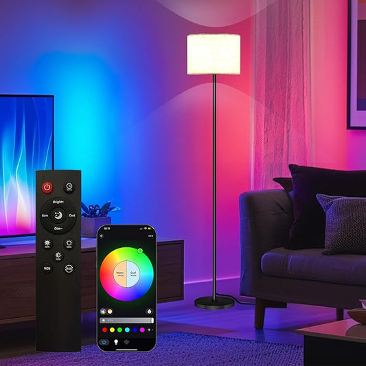 Qaubauyt Smart LED Floor Lamp with APP Control & RGB Colors - Dimmable Standing Lamp for Living Room, Bedroom, Gaming - Remote, Timer, 9W Bulb Included, 60.6" Modern Tall Lamp (White)