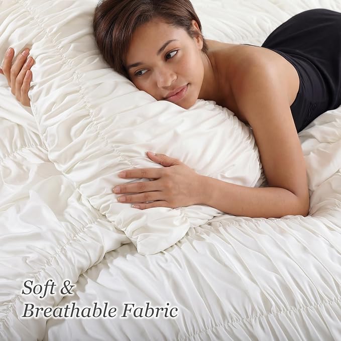weigelia Cream Ruched Comforter Set King Size, Cute Girls Bedding Set | All Season, Soft Microfiber Comforter, Cozy Cinched Design for Home & Bedroom Decor (1 Comforter,2 Pillowcases)