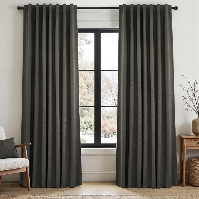 95 Inch Long Gray Blackout Curtains for Bedroom 2 Panels Set Modern Linen Blend Texture Back Tab Pleated Floor to Ceiling Thermal Drapes Hooks Rings Window Drapes Decor (W52 x L95 Charcoal Grey)