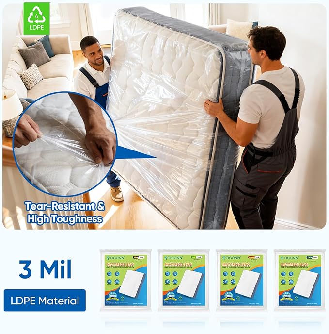 TICONN 1PK Plastic Mattress Bags for Moving, Waterproof Mattress Cover | 3D Gusset Design, Tear Resistant & Dust Protection, Multiple Sizes /Thickness Options, Reusable Mattress Protector