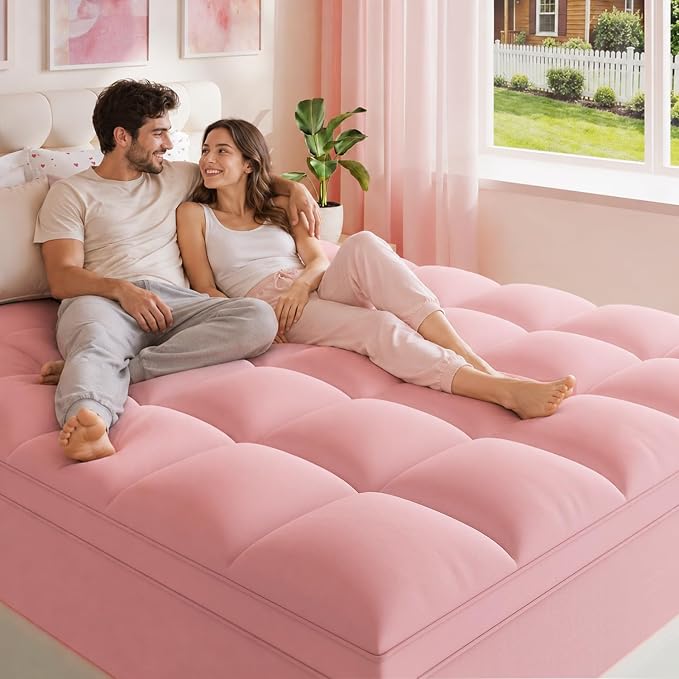 ELEMUSE Queen Pink Mattress Topper, Thick Pillow Top Mattress Pad | Plush comfort from overfilled down alternative fill. Deep pocket fits queen mattresses for couples, bedrooms and guest rooms